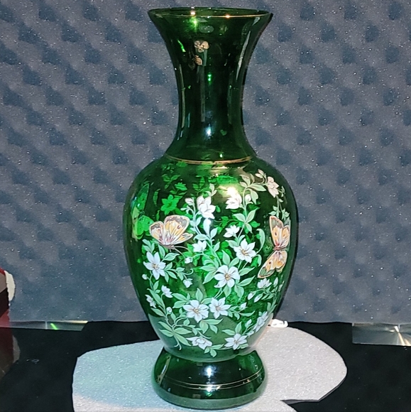 VINTAGE NORLEANS ITALIAN MADE FLORAL/BUTTERFLIES HANDPAINTED GREEN VASE 16" Tall - Picture 1 of 7